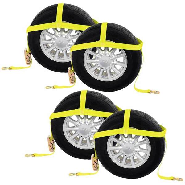 Us Cargo Control Wheel Net 2" Tire Holder w/ Ratchet Strap & Flat Snap Hooks - 4 Pack WNTH02-4PK